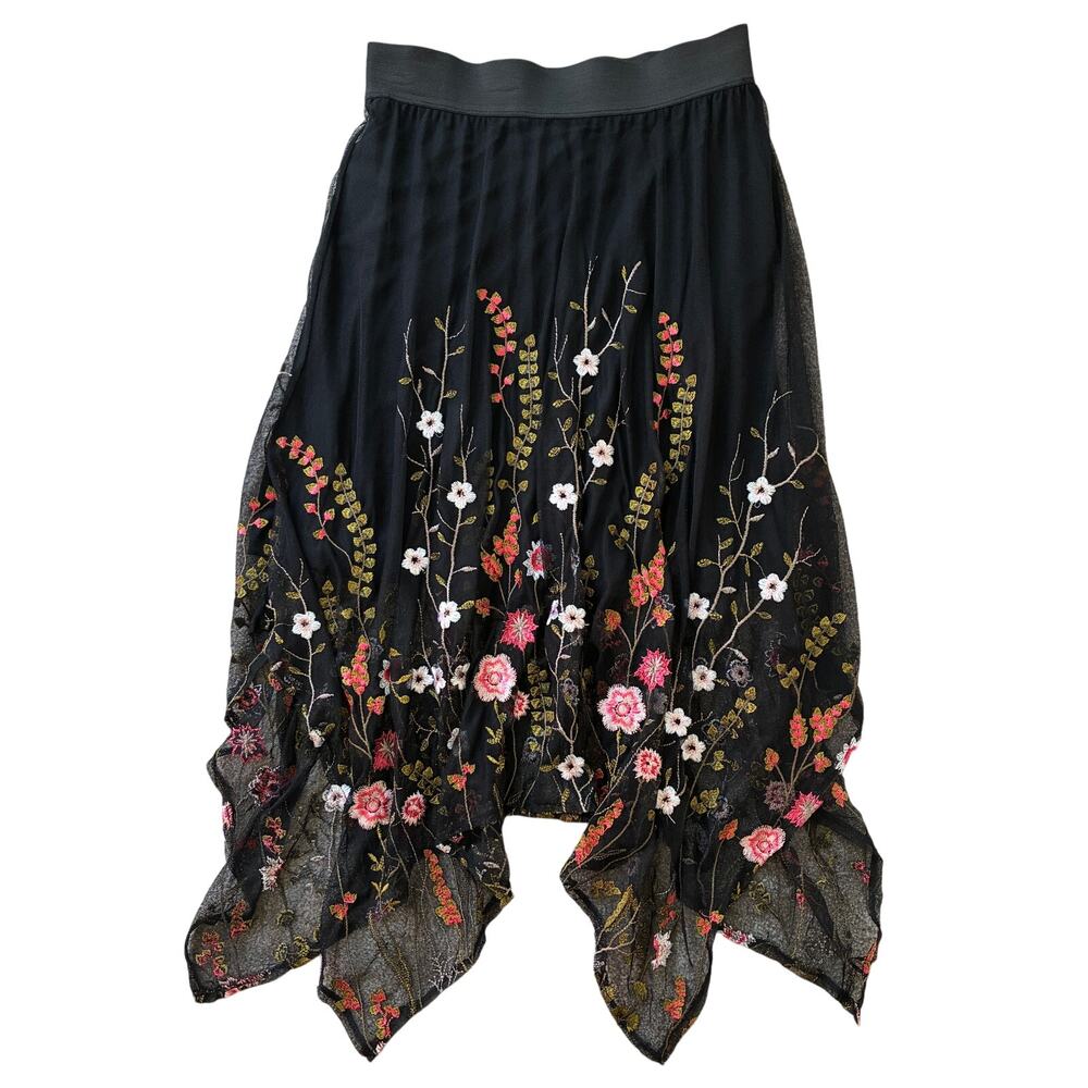 INC Black Embroidered Floral Sheer Whimsigoth Asymmetrical Midi Skirt Size S